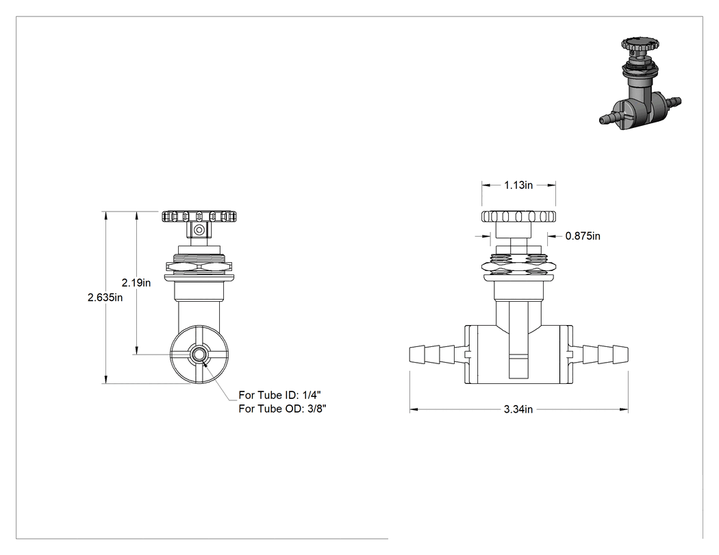 Teknik Çizim - Dişli Hassas Akış Ayar Valfi, Yiyecek ve İçecek için, 1/4" Boru İç Çapı için