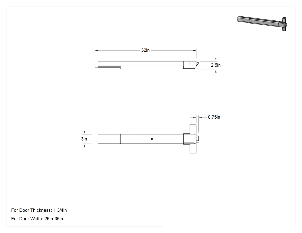 Teknik Çizim - Paslanma ve Aşınmaya Dayanıklı İtme Çubuğu, 26" ila 36" genişliğinde kapılar için, Trans Atlantic Ed-501