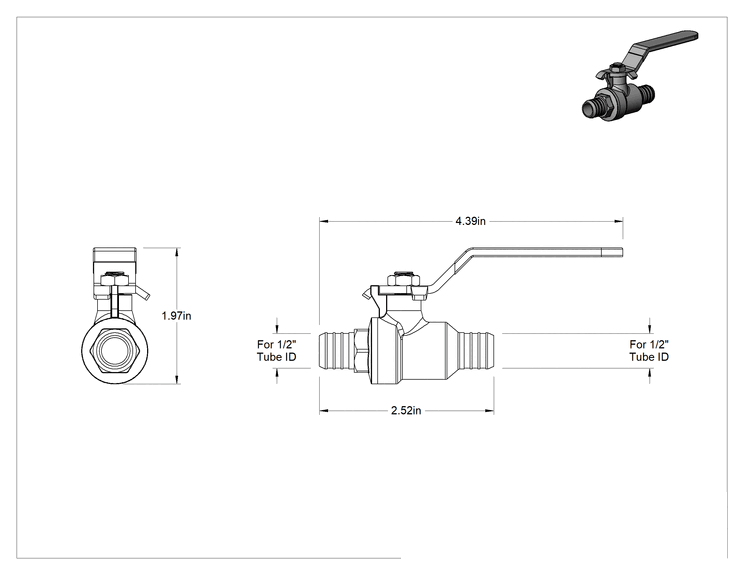 Teknik Çizim - İçme Suyu için Açma/Kapama Vanası, 1/2" Boru İç Çapı için Tırnaklı Bağlantı Parçaları