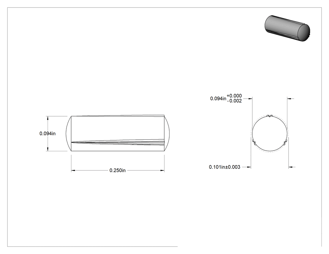 Teknik Çizim - Paslanmaz Çelik Tam Oluklu Pim, 3/32" Çap, 1/4" Uzunluk