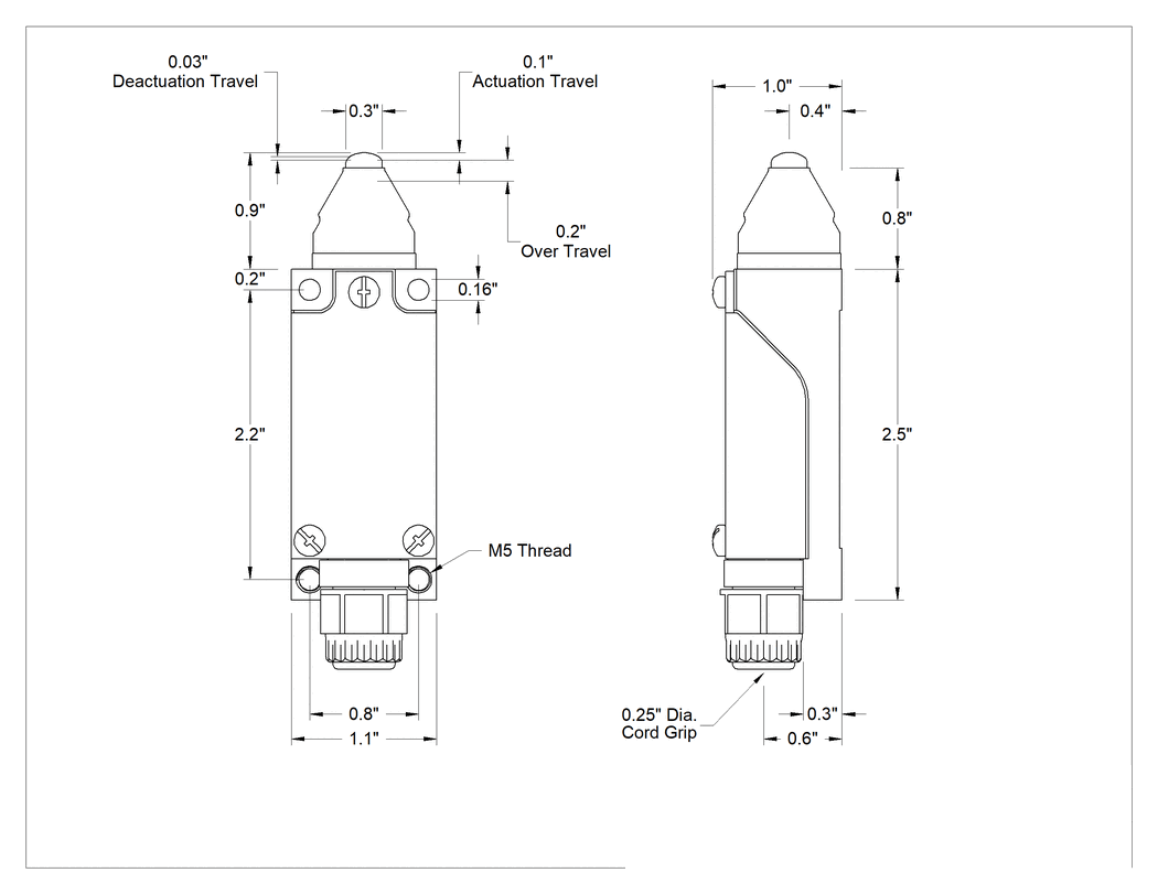 Teknik Çizim - Sınır Anahtarı, Vidalı Terminalli, 0.9 inç Yüksekliğinde Piston Aktüatörü