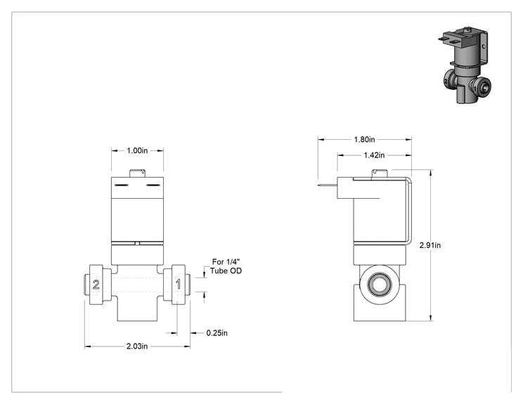 Teknik Çizim - Tak-Çalıştır Bağlantı Parçalı Solenoid Valf, Yiyecek ve İçecek için, 24V DC, 1/4" Boru Dış Çapı, 80 Maksimum PSI