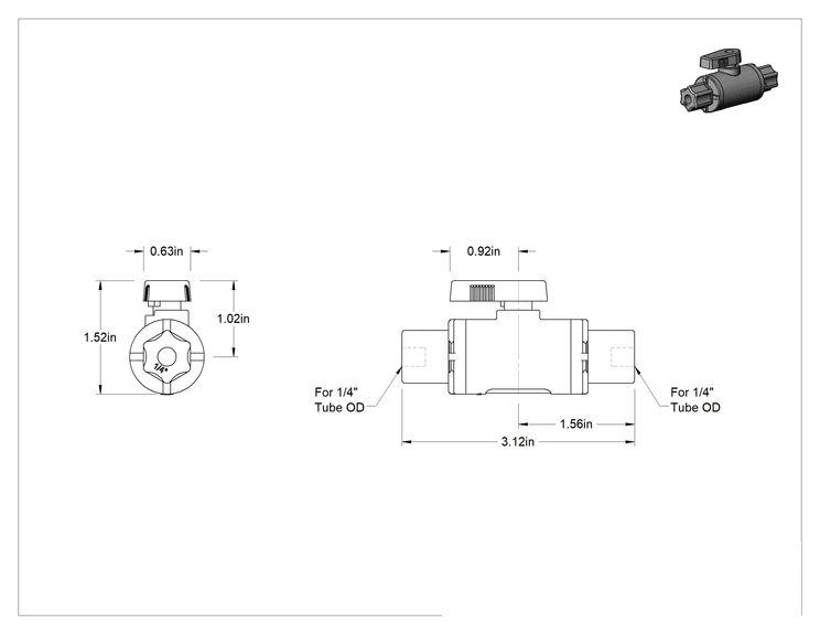 Teknik Çizim - İçme Suyu için Açma/Kapama Vanası, 1/4" Dış Çaplı Boru için Sıkıştırma Bağlantı Elemanları