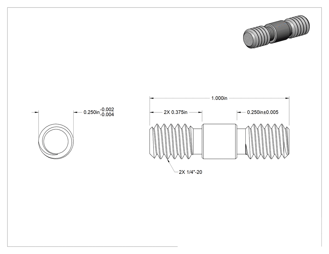 Teknik Çizim - Her İki Ucu Dişli Alaşımlı Çelik Omuzlu Vida, 1/4"-20 Diş Boyutu, 1" Uzunluk