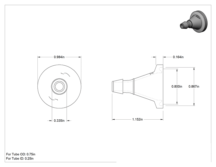 Teknik Çizim - Süt Ürünleri için Hızlı Kelepçe Bağlantı Parçası, Adaptör, 3/4" Boru Dış Çapı x 1/4" Tırnaklı Boru İç Çapı için