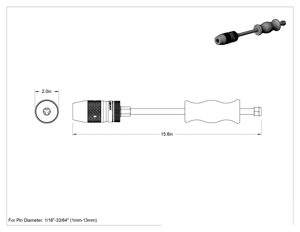 Teknik Çizim - Dış Tutamaçlı Kayan Çekiç Pim Çıkarıcı, 3 Çene, 3/64" ila 33/64" Pim Çapı için