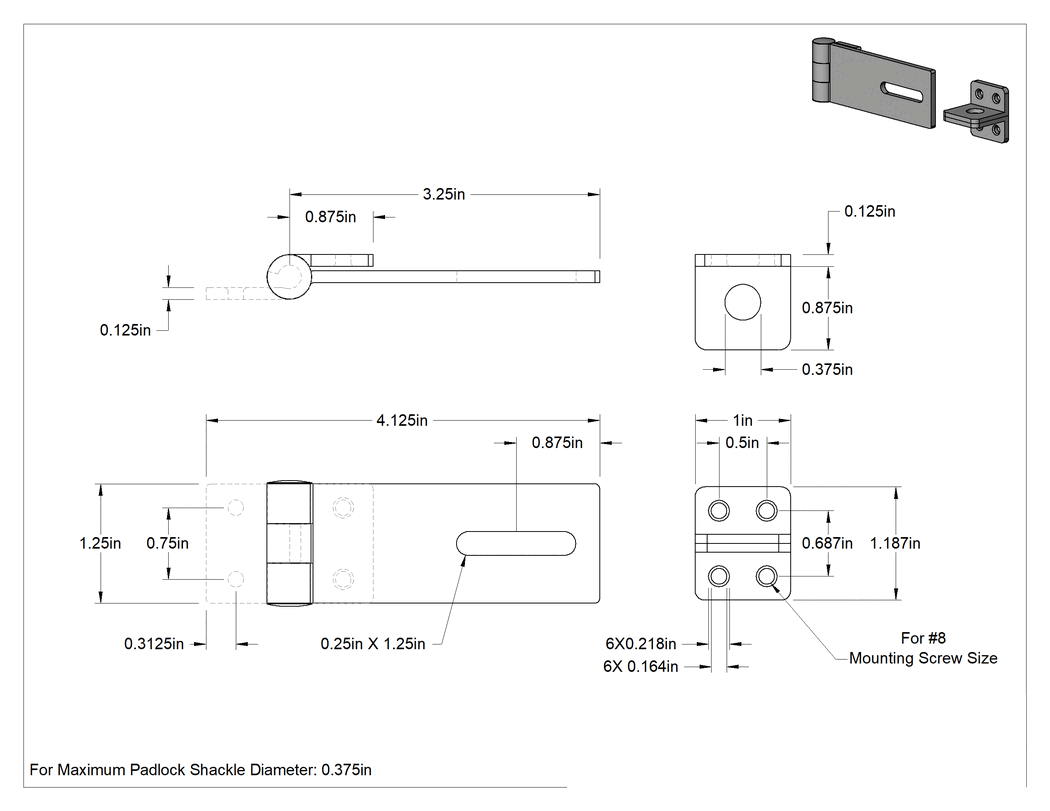 Teknik Çizim - Asma Kilitli Mandal, 3-1/4" x 1-1/4" x 1/8" Kollu, Mat 304 Paslanmaz Çelik