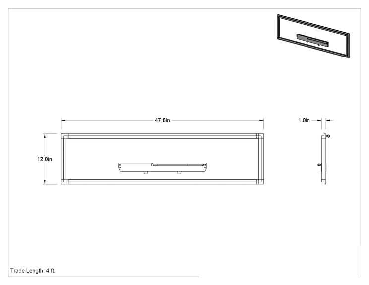 Teknik Çizim - Yerleşik LED'li Gömme Tavan Işığı, Pürüzsüz Polikarbonat Lens, 48" Uzunluk x 24" Genişlik x 1" Yükseklik