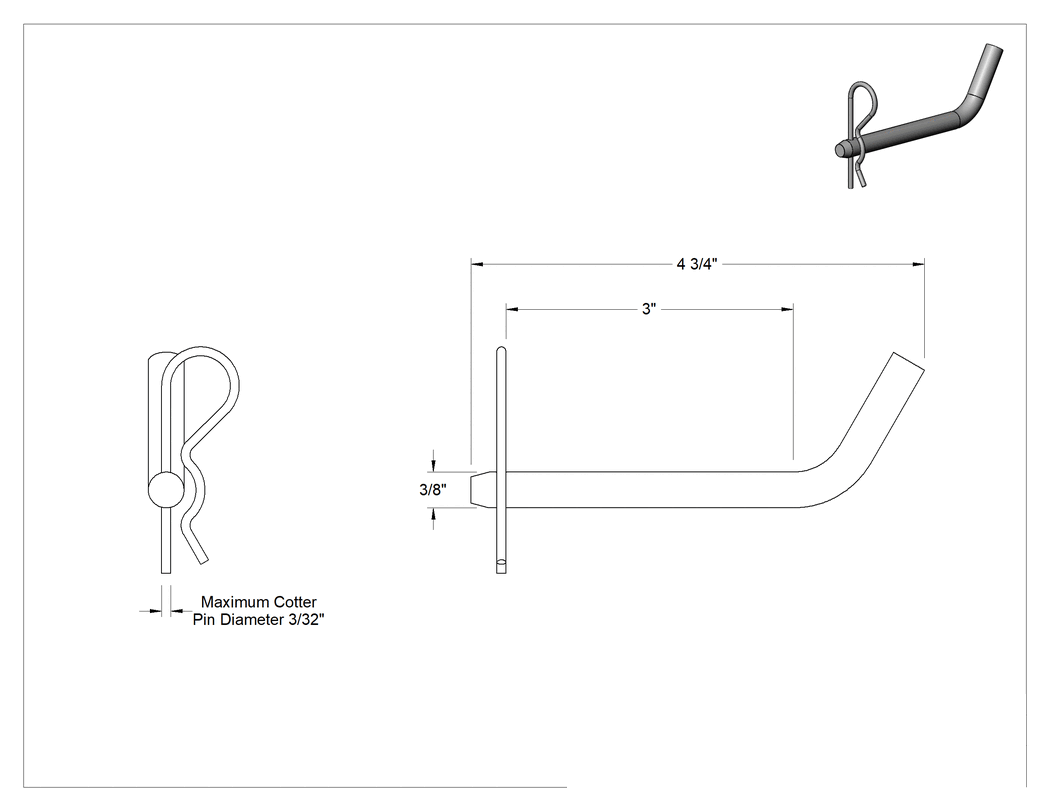 Teknik Çizim - 18-8 Paslanmaz Çelik Eğri Başlı Çatal Pim, Kopilyalı, 3/8" Çap, 3" Kullanılabilir Uzunluk
