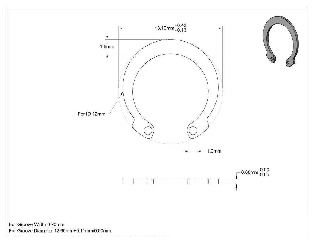 Teknik Çizim - Ters İç Segman, 12 mm İç Çap için, Siyah Fosfatlı 1060-1090 Yay Çeliği