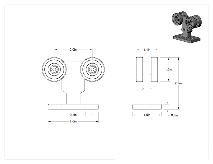 Teknik Çizim - Kapılar için 1-3/8" İç Genişlikli Makaralı Ray için Montaj Plakalı Alüminyum Askı