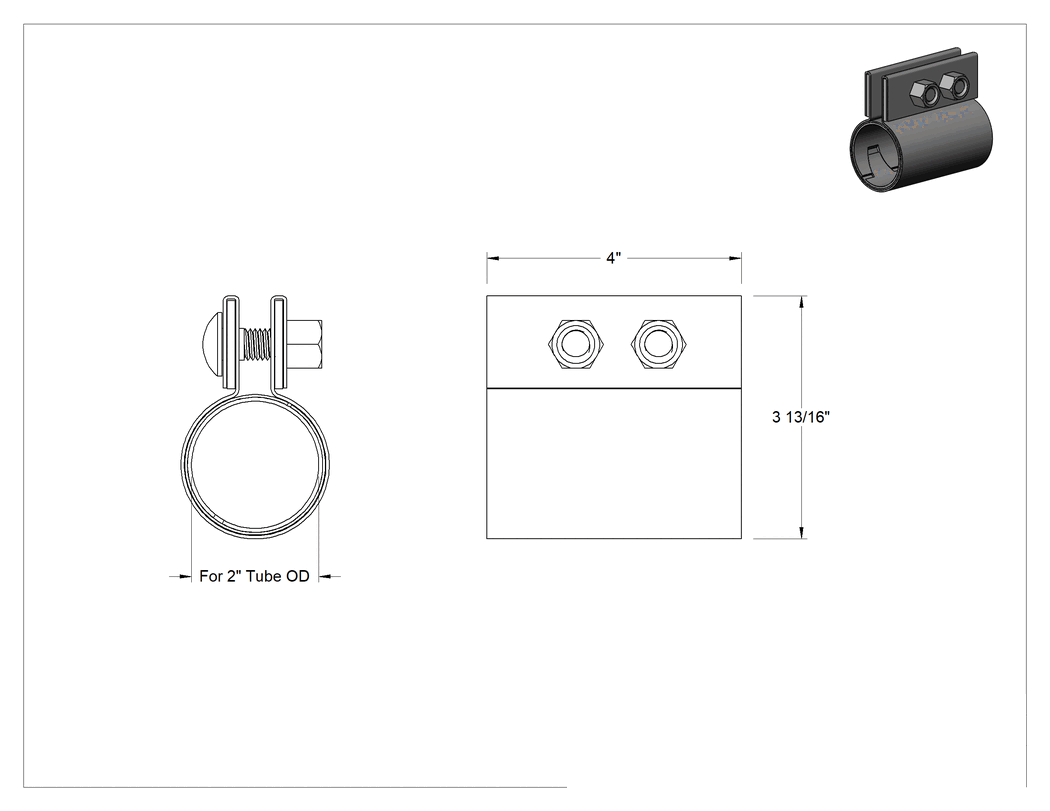 Teknik Çizim - 6" Çelik Dış Çaplı Boru için Boru Onarım Kelepçesi, 4" Uzunluk