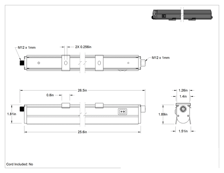 Teknik Çizim - İş İstasyonu Şerit Işığı, Göz Koruyucu, 23-30VDC, 25-5/8" Toplam Uzunluk, 1500 lümen