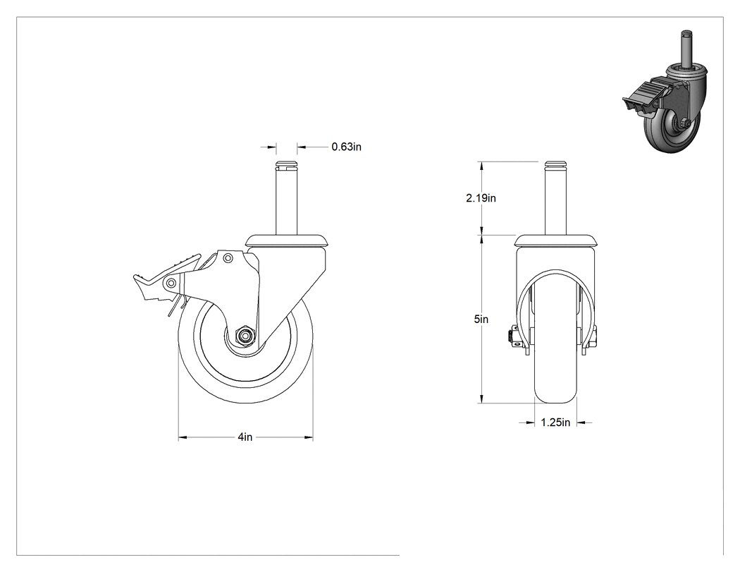 Teknik Çizim - Sürtünmeli Tutuşlu Mil Dönüşlü Tekerlek, Total Lock ve, 4" Çapında Poliüretan Tekerlekli