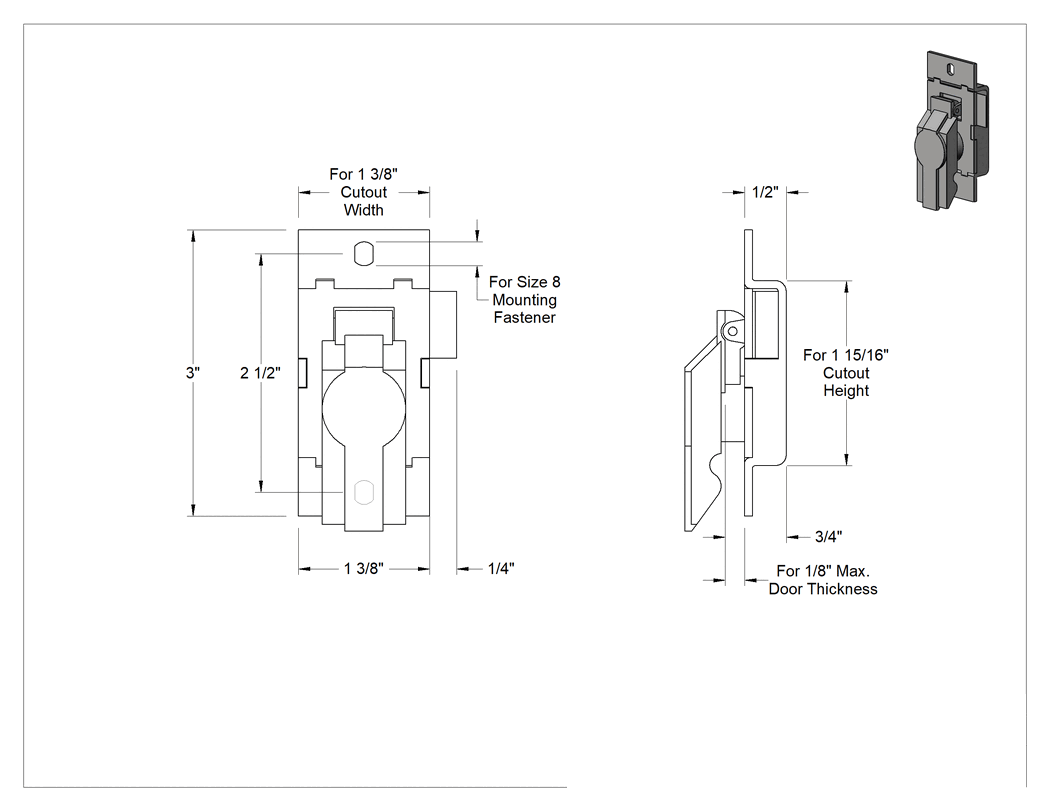 Teknik Çizim - Kürek Saplı Anahtarlı Bas-Kapat Mandalı, Sol Yan Kapı Montajı, 3" Yükseklik x 1-3/8" Genişlik