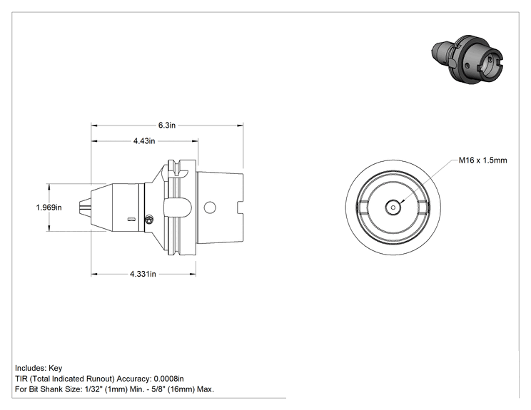 Teknik Çizim - Hsk Konik Entegre Mil ile Matkap Mandreni, Anahtarlı, Hsk-100A Şaft, 1/32" ila 5/8" Uç Şaft Boyutu için