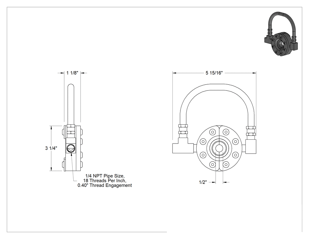 Teknik Çizim - Dairesel Hava Akışlı Hava Bıçağı, 1/2" İç Çap, 1/4" NPT Dişi Hava Girişi