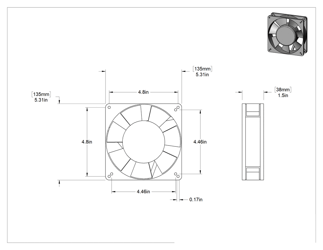 Teknik Çizim - Ekipman Soğutma Fanı, 120V AC, Faston Terminaller, 5.31" Kare, 159 CFM Hava Akışı