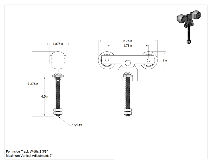 Teknik Çizim - Cıvatalı Askılar, 7-3/8" Yükseklik, Kapılar için Toza Dayanıklı Makaralı Ray için