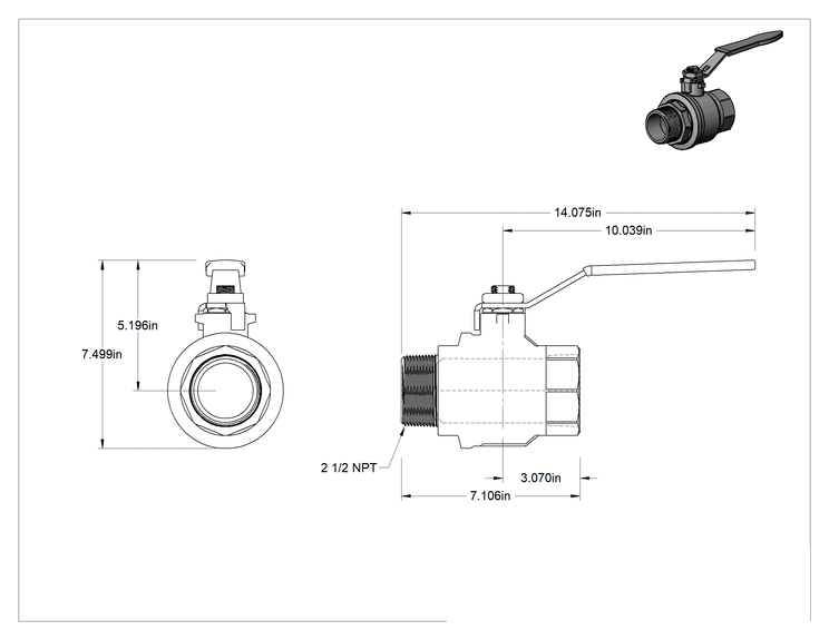 Teknik Çizim - Dişli Açma/Kapama Vanası, Kolu Olan Pirinç, 2-1/2 NPT Dişi x 2-1/2 NPT Erkek