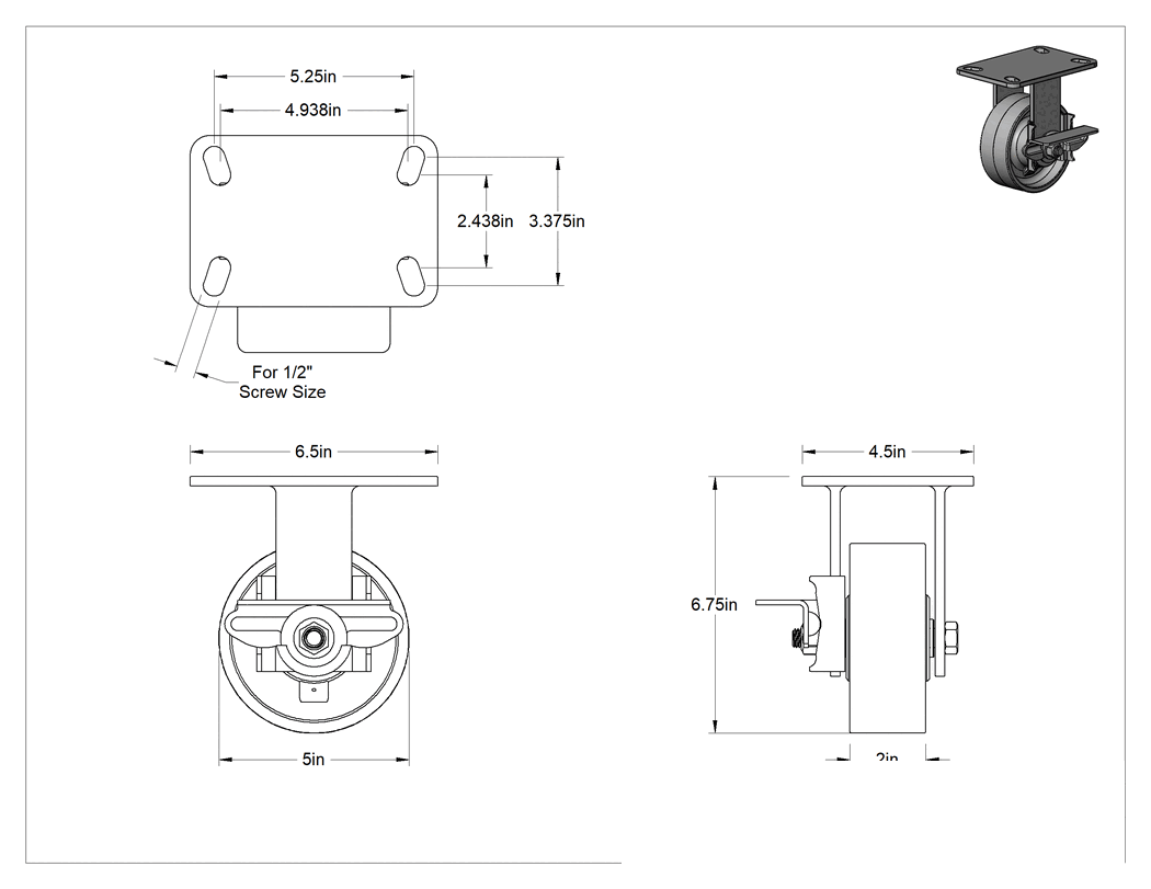 Teknik Çizim - 6-1/2" x 4-1/2" Plakalı Yüksek Kapasiteli Kingston Tekerlek, Sağ Taraf Frenli ve 5" Çapında Metal Tekerlekli Sert