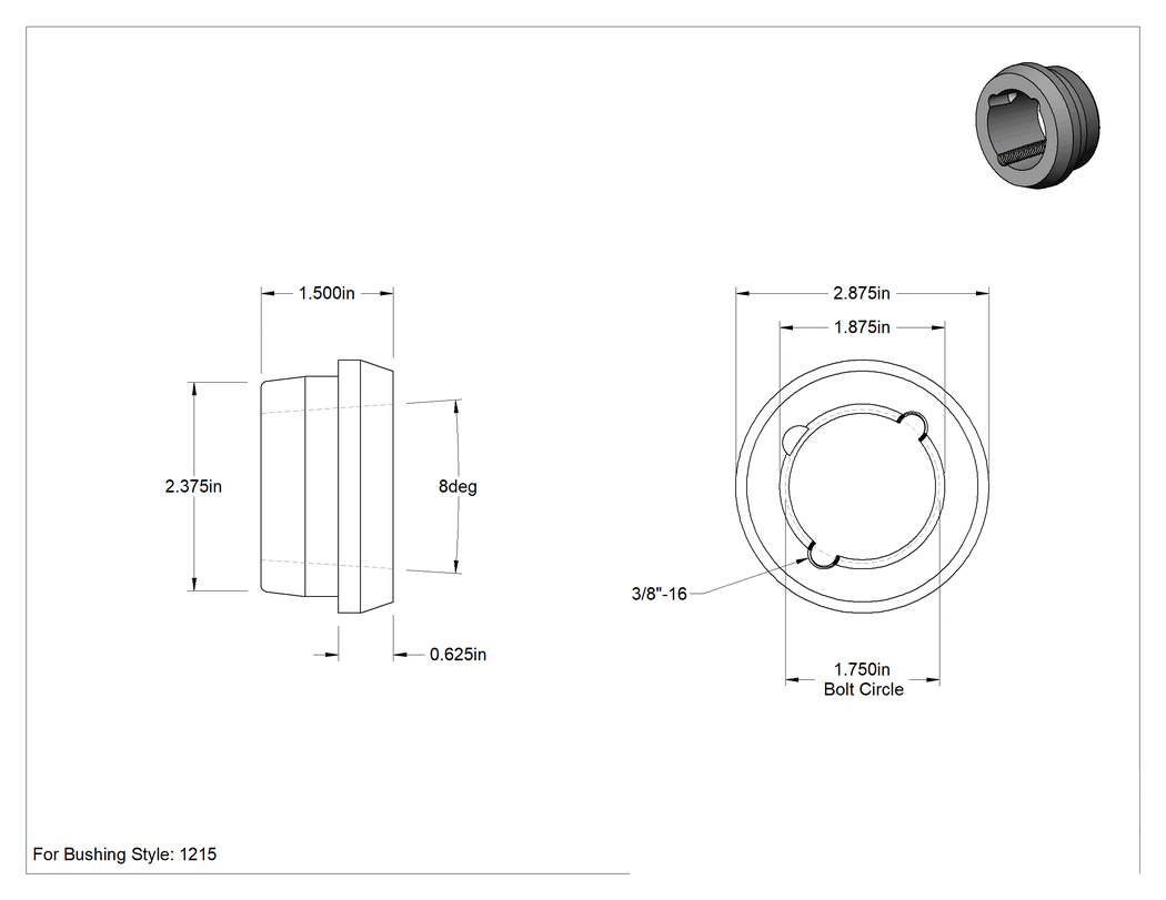 Teknik Çizim - Taper-Lock Kaynaklı Burçlu Göbekler, Burç Tipi 1215 için, 2-7/8" Dış Çap