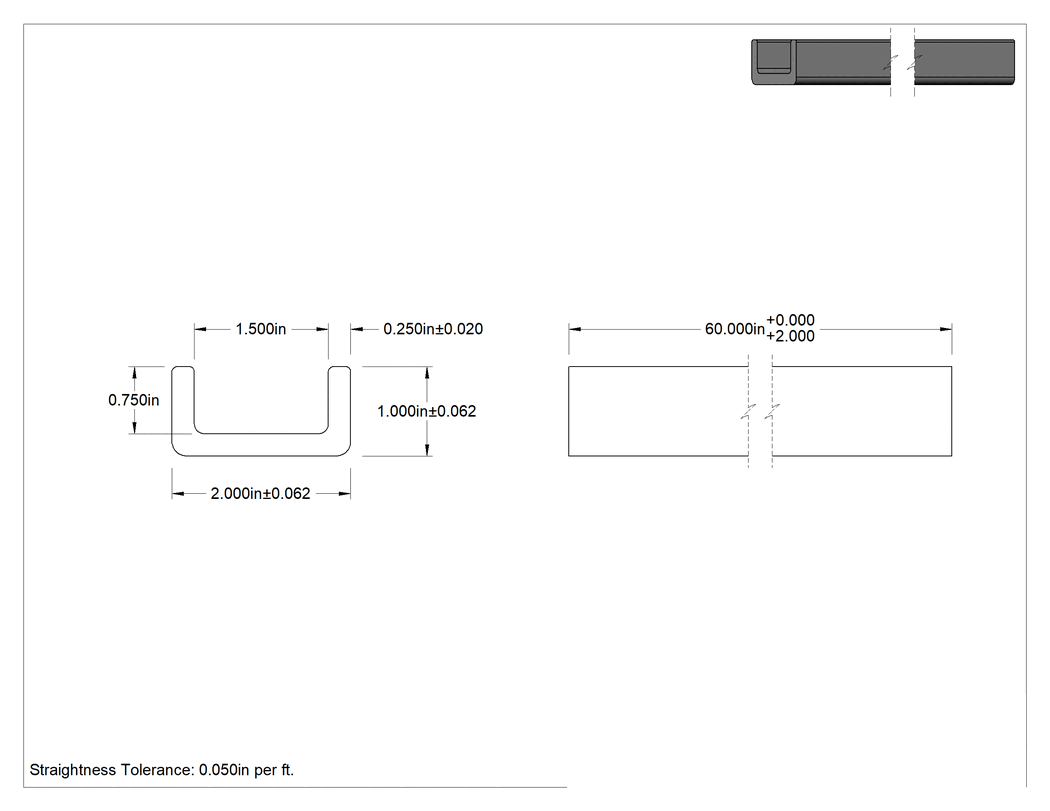 Teknik Çizim - Ark Dirençli GPO3 Fiberglas U-Kanal, 1/4" Duvar Kalınlığı, 2 inç Genişlik x 1 inç Dış Yükseklik, 5 Fit Uzunluk