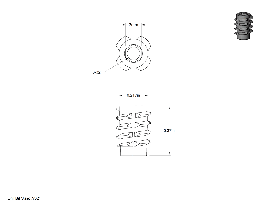 Teknik Çizim - Yumuşak Ağaç için Çinko Alaşımlı Diş Açma Uçları, 6-32 Diş Boyutu, 3/8" Takılı Uzunluk
