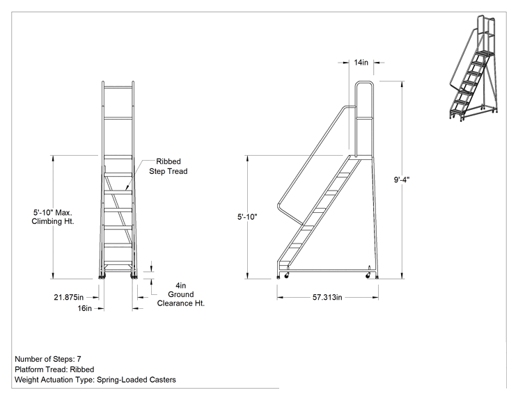 Teknik Çizim - Hafif Alüminyum Tekerlekli Platform Merdiveni, Yivli Basamaklar, 9'4" Yükseklik x 22" Genişlik x 57" Derinlik Toplam