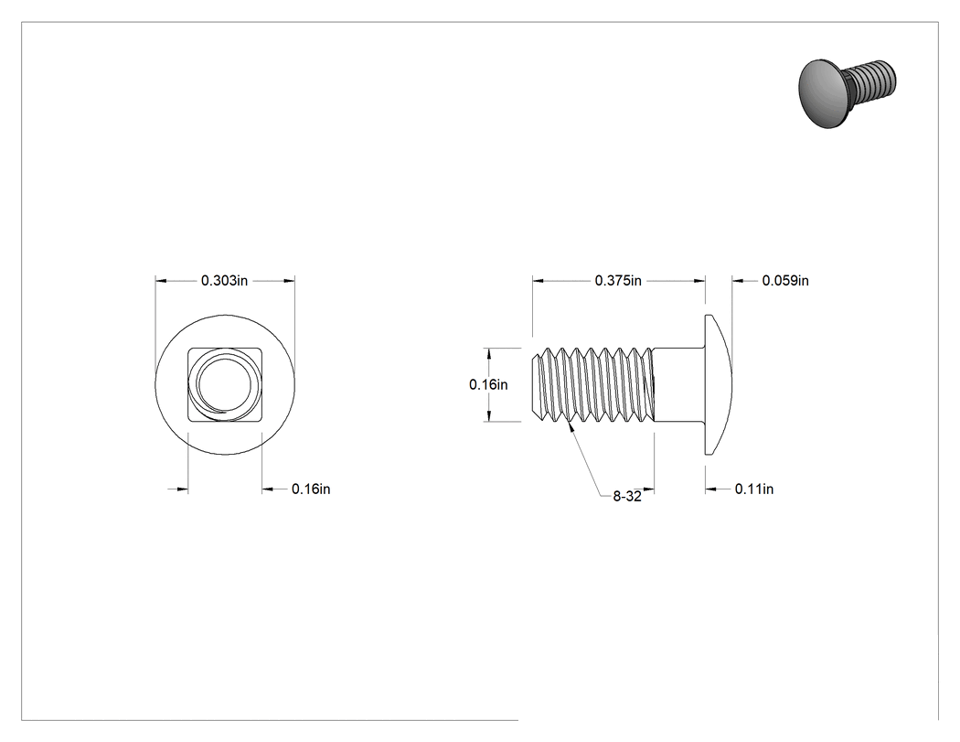 Teknik Çizim - 18-8 Paslanmaz Çelik Kare Boyunlu Taşıma Cıvatası, 8-32 Diş Boyutu, 3/8" Uzunluk