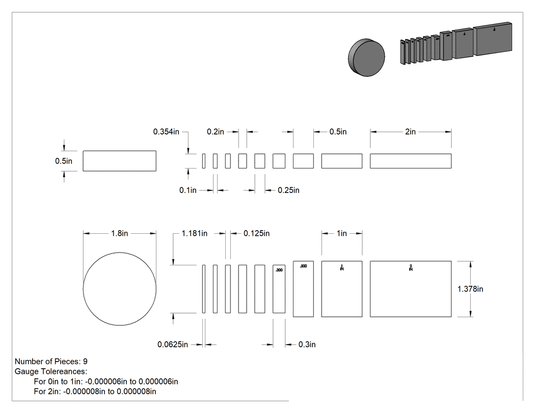 Teknik Çizim - Mitutoyo Ölçü Bloğu Seti, Model #516-931-26, Optik Düzlüklu 9 Parça, AS-1 Sınıfı