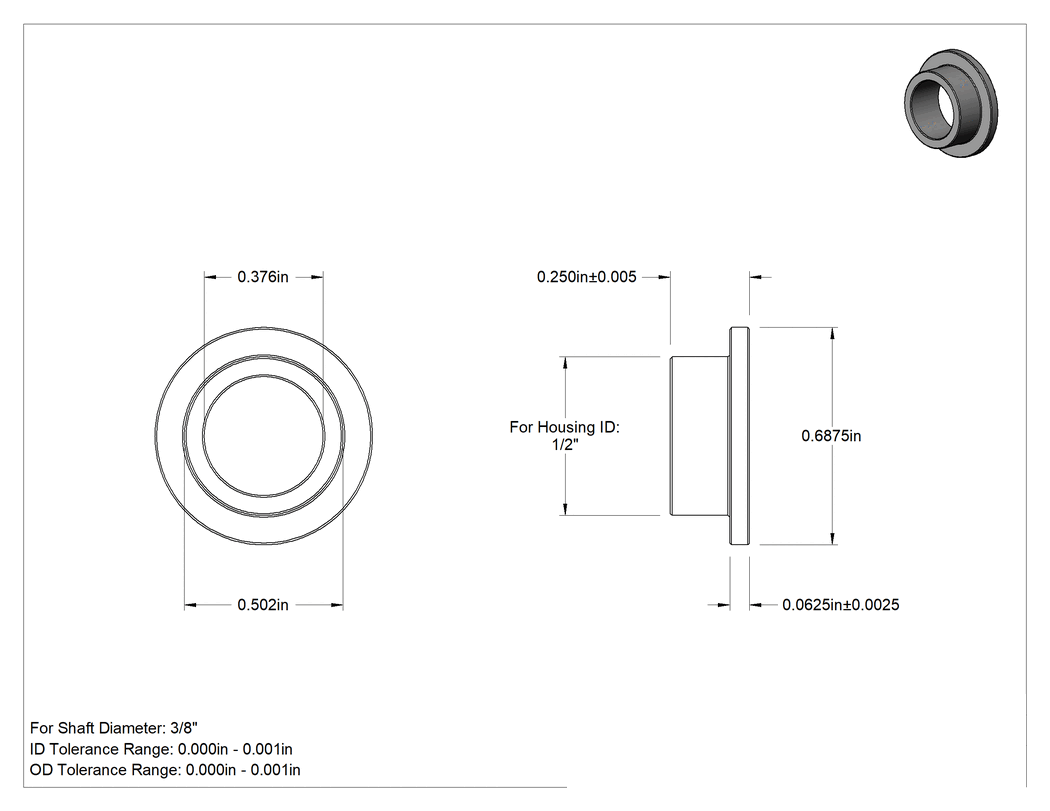 Teknik Çizim - Yağ Dolgulu 841 Bronz Flanşlı Burçlu Yatak, 3/8" Mil Çapı ve 1/2" Muhafaza İç Çapı için, 1/4" Uzunluk