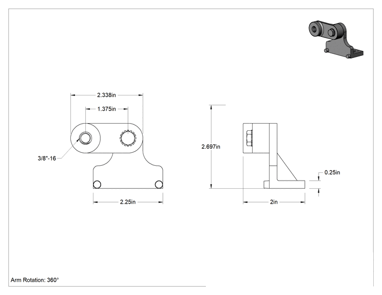 Teknik Çizim - Ayarlanabilir Kollu Makaralı Zincir ve Kayış Gergisi, Yatay Montaj, 3/8"-16 Diş Boyutu