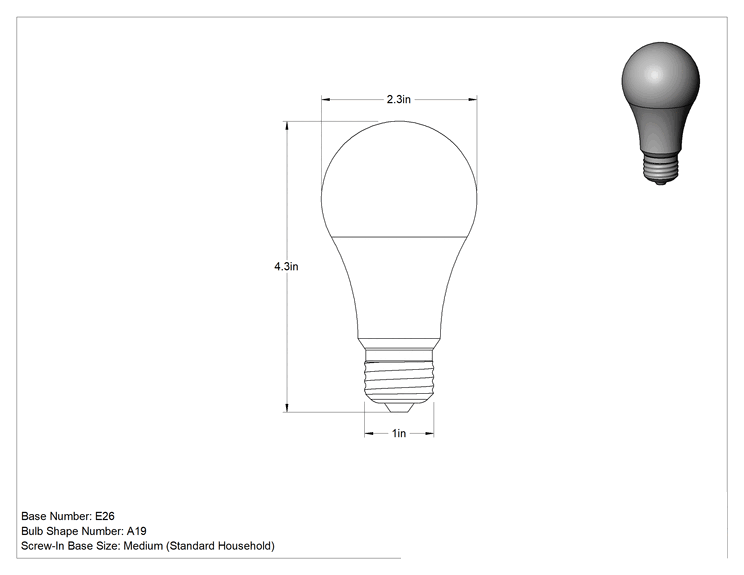 Teknik Çizim - Vidalı Ampul, Standart, Orta Taban, 12V, 60 W Akkor Eşdeğeri