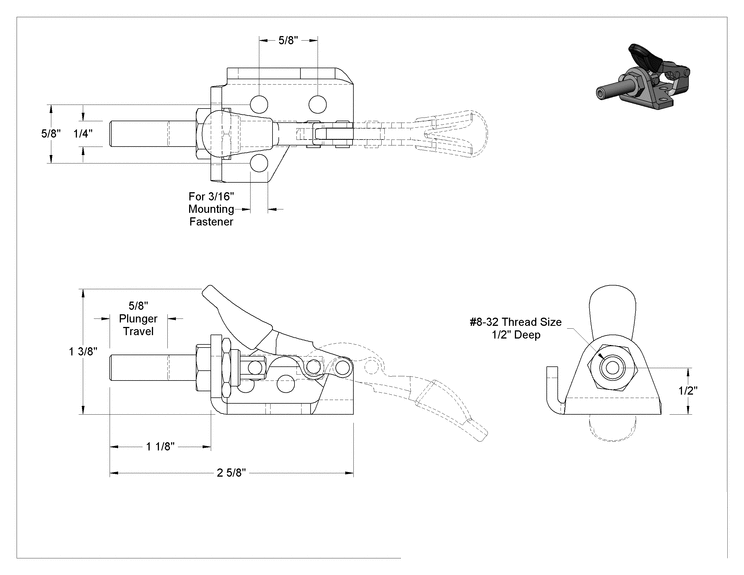 Teknik Çizim - İt/Çek Mandal Kelepçe, Kompakt, Çelik, 150 lbs. Tutma Kapasitesi, 1-1/8" Uzunluğunda Piston