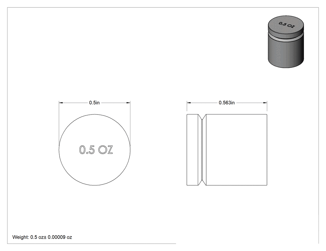 Teknik Çizim - Ticarete Uygun Test Ağırlığı, Kalibrasyon Sertifikalı, 1/2 oz.