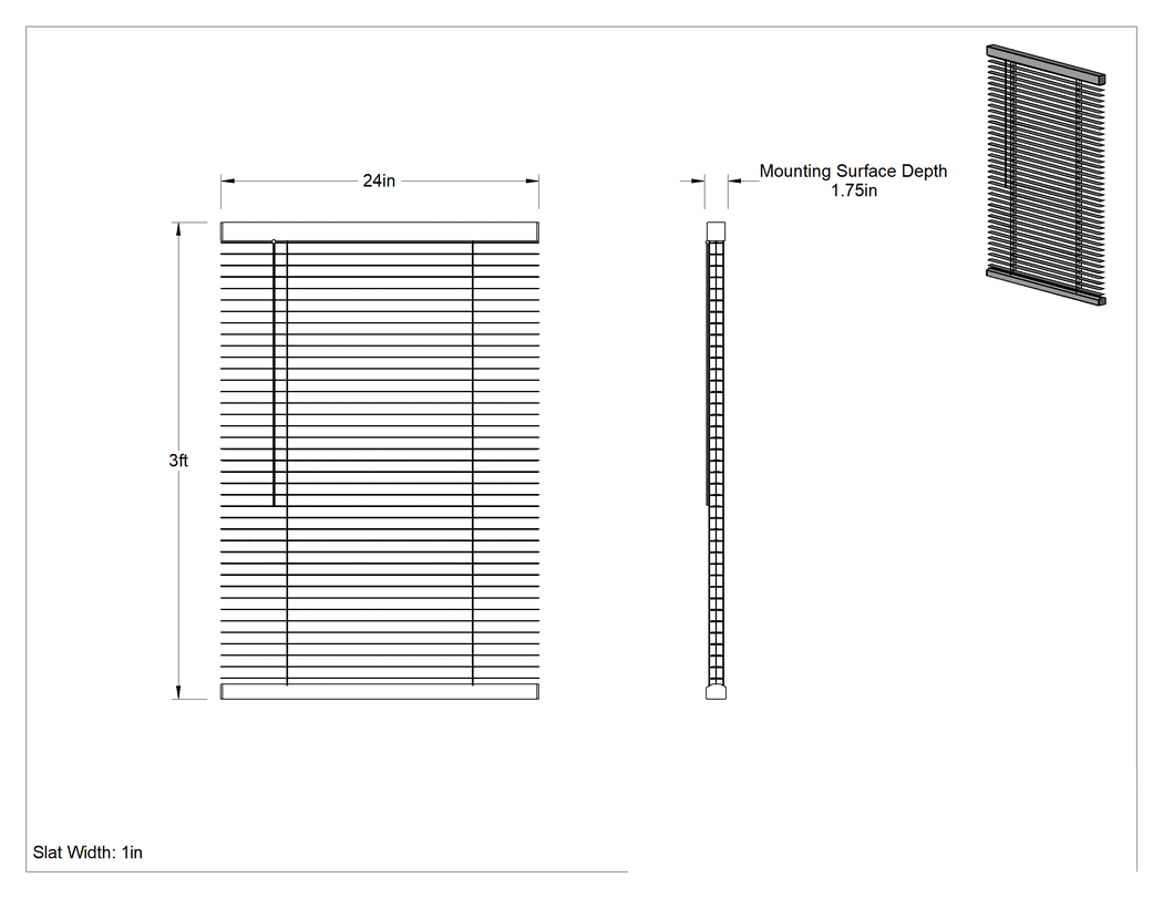 Teknik Çizim - Mini Perde, Koyu Kahverengi Alüminyum, 24 inç Genişlik x 3 Fit Uzunluk