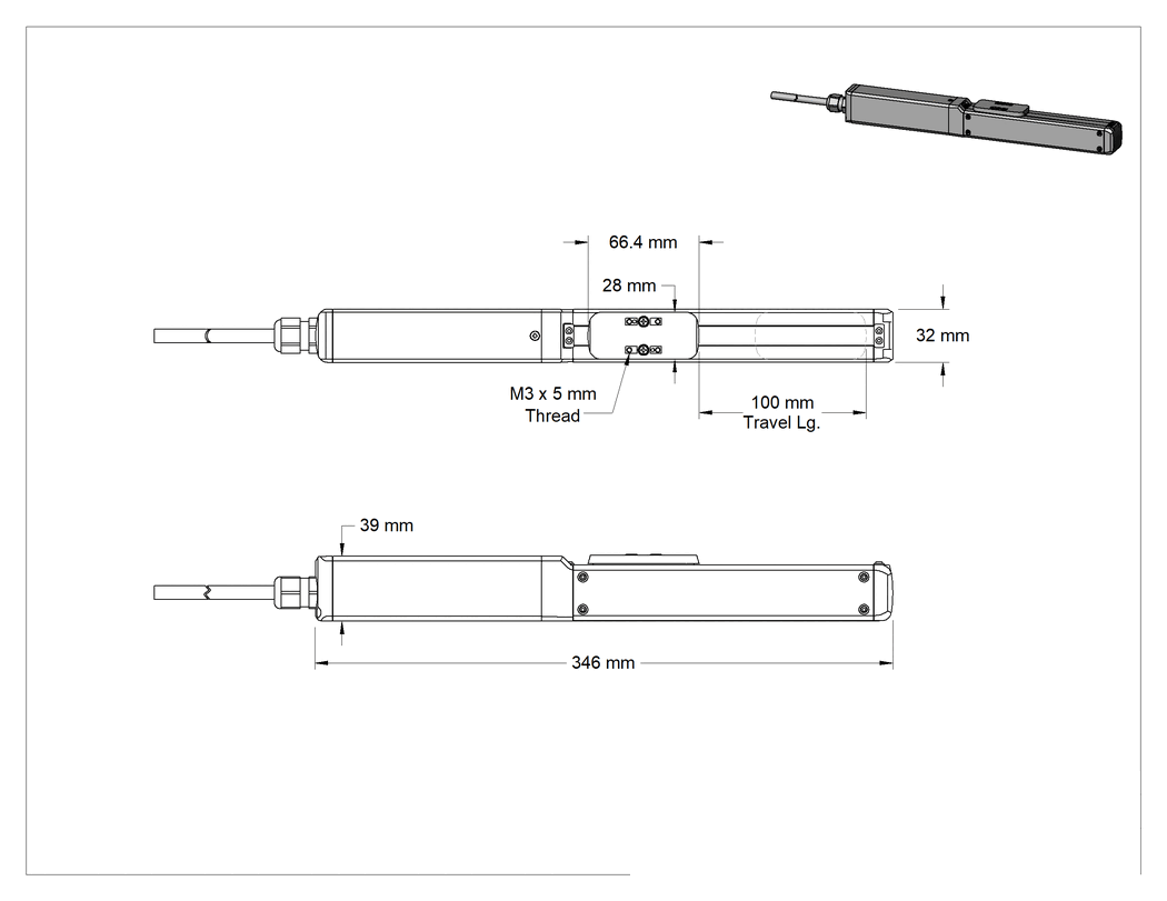 Teknik Çizim - Kayan Elektrikli Aktüatör, 100 mm Strok Uzunluğu, 2 lbs. Yatay Yük Kapasitesi