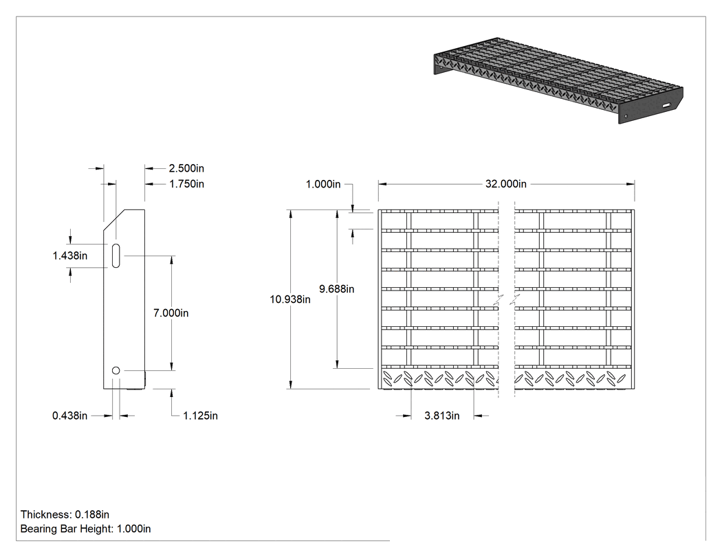 Teknik Çizim - Çubuk Izgaralı Merdiven Basamağı, Tırtıklı, Toz Boyalı Çelik, 32" Genişlik x 10-15/16" Derinlik