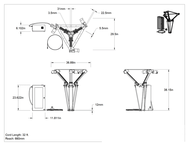 Teknik Çizim - Delta Robot, Irc Kabin Kontrolörlü Igus 3 Eksenli, 660 mm Uzanma Mesafesi