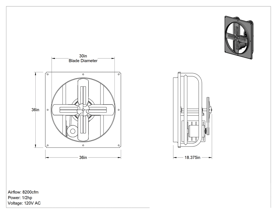 Teknik Çizim - Kemer Tahrikli Duvara Monte Egzoz Fanı, 30" Çaplı Bıçak, 120V AC