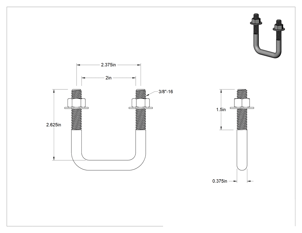 Teknik Çizim - Kare U-Cıvata, 304 Paslanmaz Çelik, 3/8"-16 Diş Boyutu, 2" İç Genişlik, 2-5/8" Yükseklik