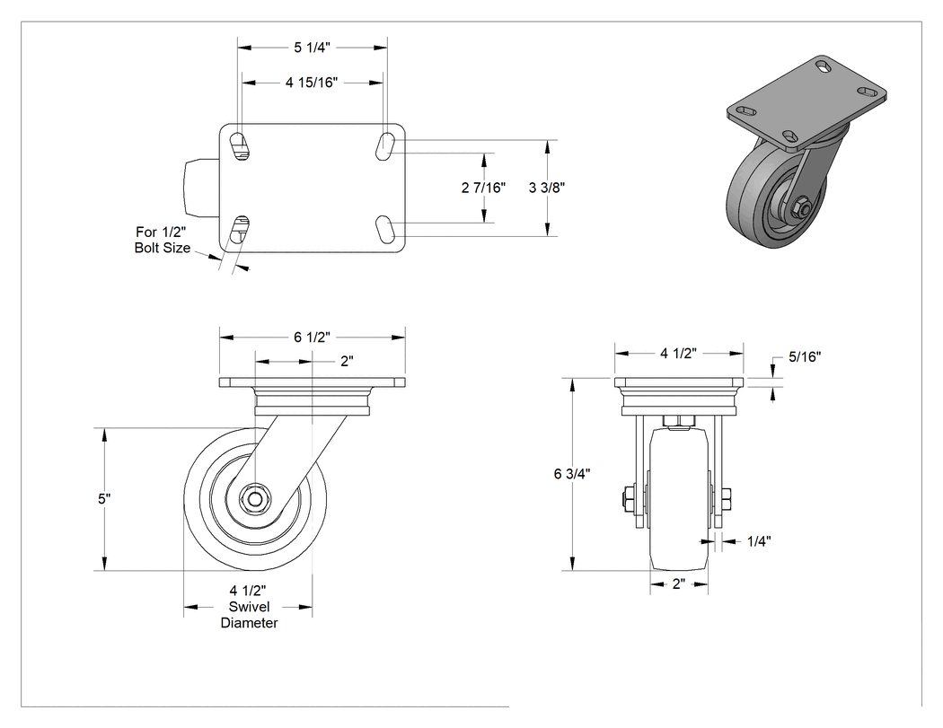 Teknik Çizim - 6-1/2" x 4-1/2" Plakalı Yüksek Kapasiteli Kingston Tekerlek, 5" Çapında Mavi Poliüretan Tekerlekli Döner Tekerlek