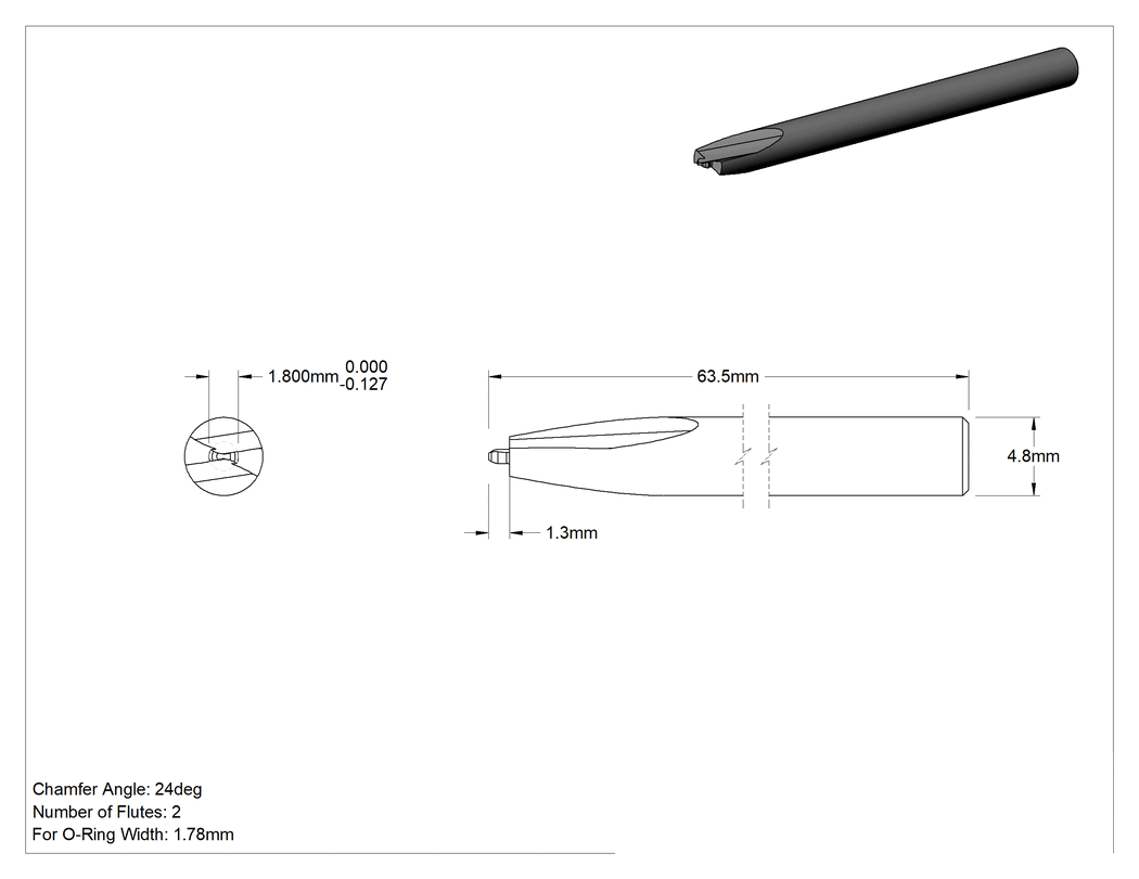 Teknik Çizim - O-Ringler için Karbür Kuyruklu Freze Ucu, 2 Yiv, 1.78 mm O-Ring Genişliği için