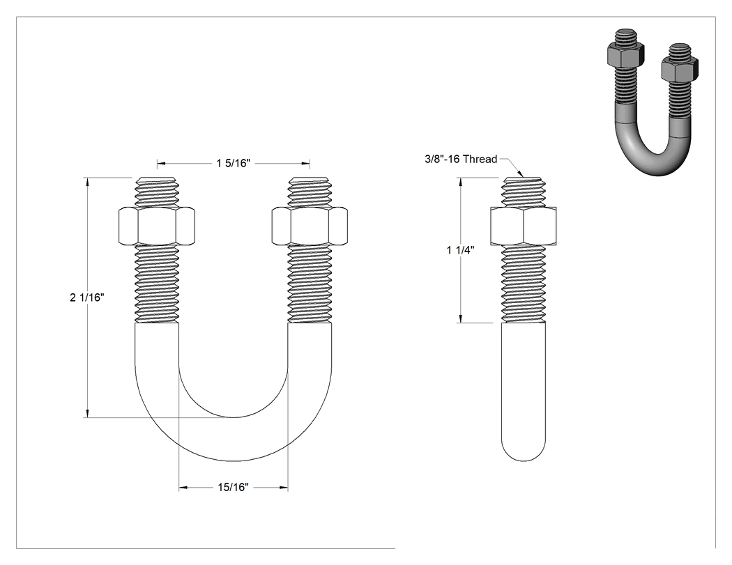 Teknik Çizim - İletken Olmayan U-Cıvata, 3/8"-16 Diş Boyutu, 1-5/16" İç Çap