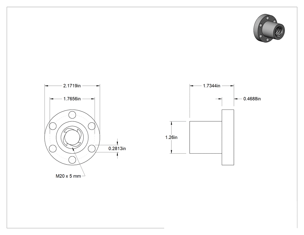 Teknik Çizim - Hızlı Hareketli Ultra Hassas Kılavuz Vida için M20 x 5 mm Dişli Flanşlı Somun