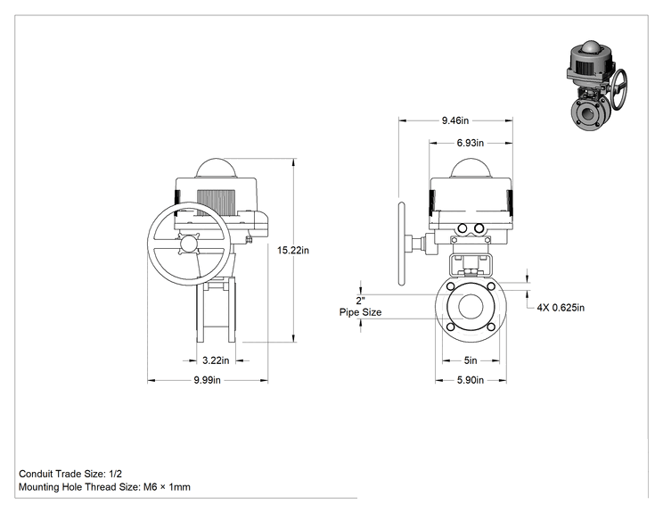 Teknik Çizim - Yüksek Akışlı Flanşlı Motor Tahrikli Açma/Kapama Valfi, 24V AC/DC, 2 Boru Boyutu