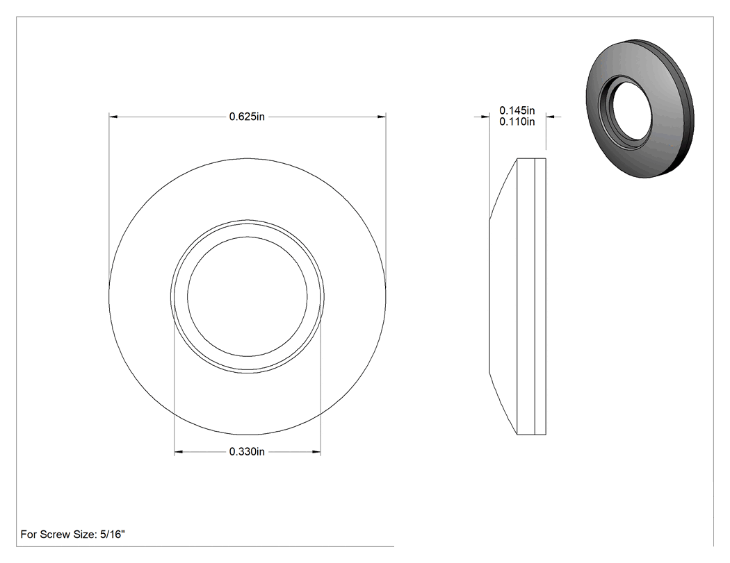Teknik Çizim - Alüminyum ve Neopren Yapıştırılmış Sızdırmazlık Pulları, 5/16" Vida Boyutu için, 0.330" İç Çap, 0.625" Dış Çap