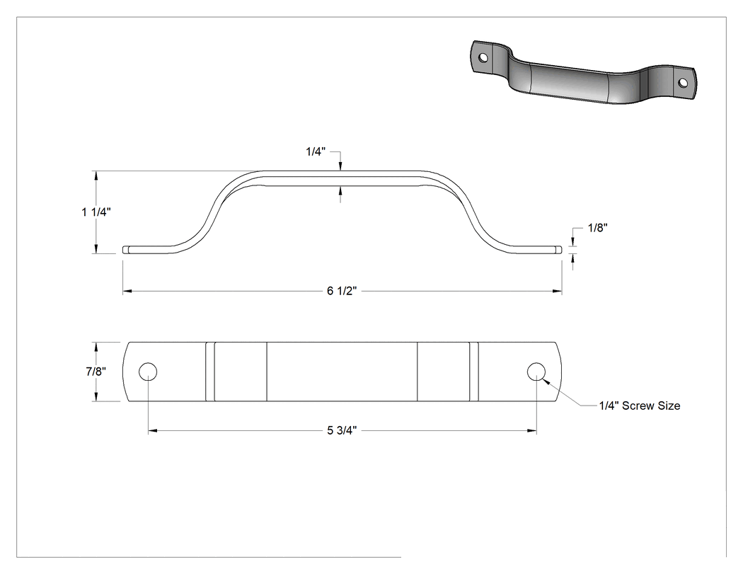 Teknik Çizim - Dişsiz Delikli Dikdörtgen Çekme Kolu, Mat 304 Paslanmaz Çelik, 5-3/4" Merkezden Merkeze Genişlik