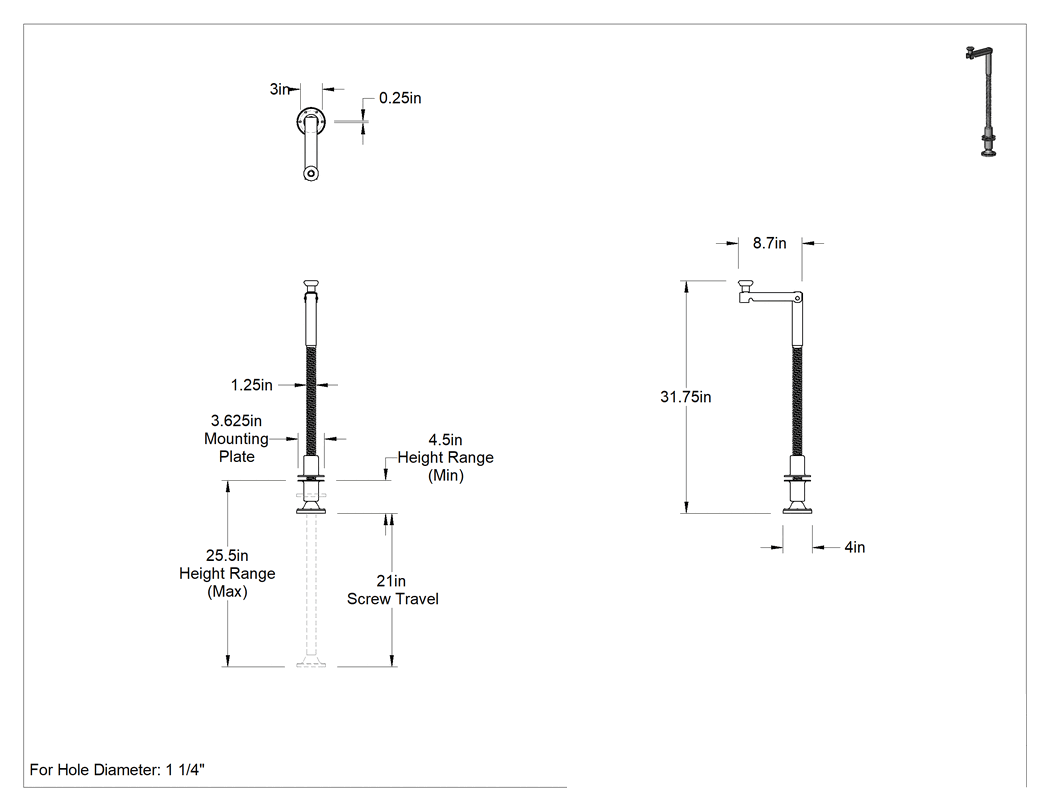 Teknik Çizim - Seviyeleme Krikosu, Delikli Montajlı Yuvarlak Plaka, 4-1/2" ila 25-1/2" Yükseklik